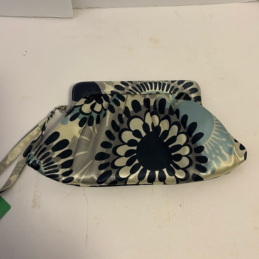 NEXT BRAND SATIN CLUTCH WITH MAGNETIC CLOSURE NAVY BLUE GREY WHITE LIGHT BLUE